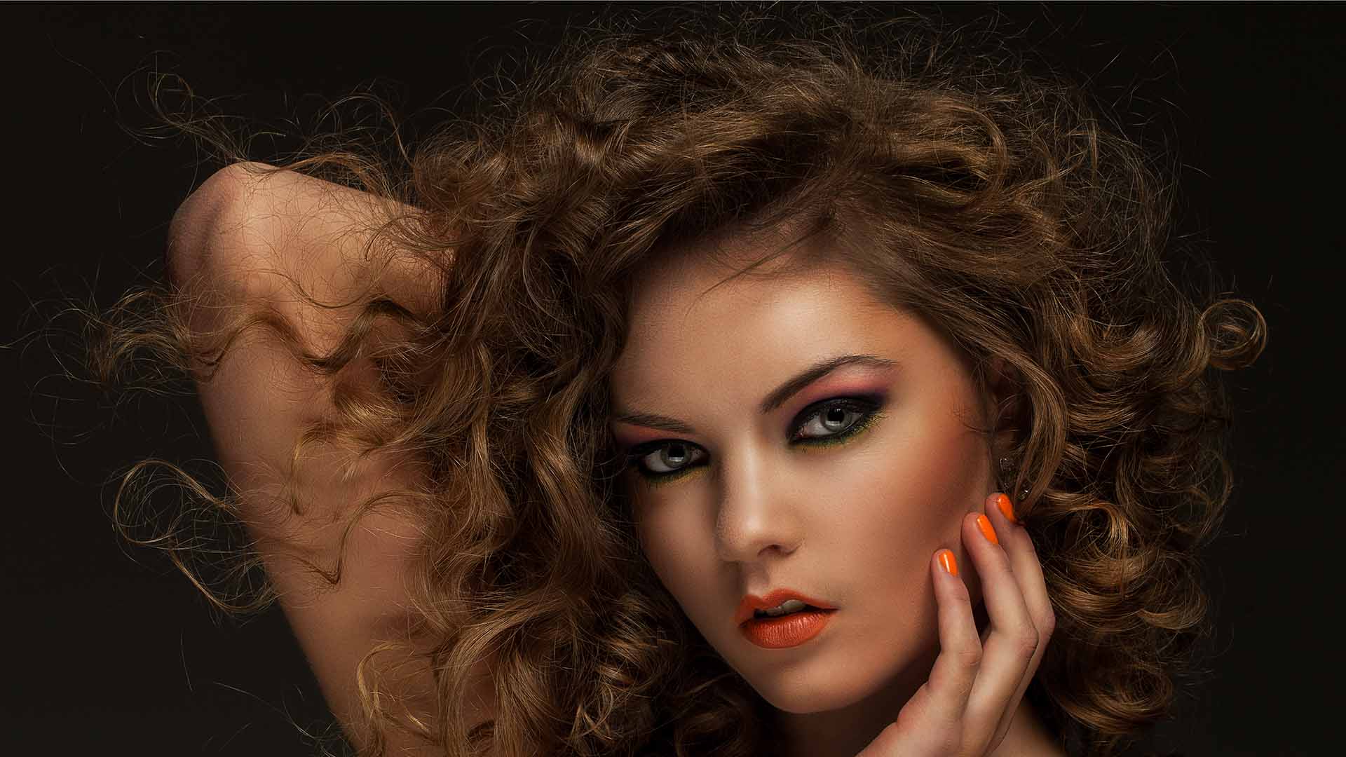 beautiful woman with curls makeup
